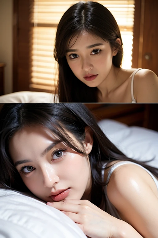 Dark brown hair、Light brown eyes、Japanese actress、 Lady、I am about 40 years old...、(Intricate details:1.2)、(Which is the top???:1.4)、 (Ultra-high resolution:1.2)、Ultra-high resolution、(Finely tuned)、(Detailed facial features)、Hmph、8K resolution、D cup size breasts、Long Hair、updostyle, updo、Hair Bun、1 Girl, Deep sorrow facial expression, (Very detailed美しい顔), (Camisole:1.5), (Bare shoulders:1.3), (Highest quality:1.4), (Very detailed)、Beautiful fair skin with transparency, Are sleeping、Sleeping on the floor、Top View、 Spread your legs wide, Open your mouth a little、Her legs are visible through the dress、Deep sorrow、Pose of Weakness、Obscene pose、White floor、White wall、The morning sun shines in、Sleep on your side。