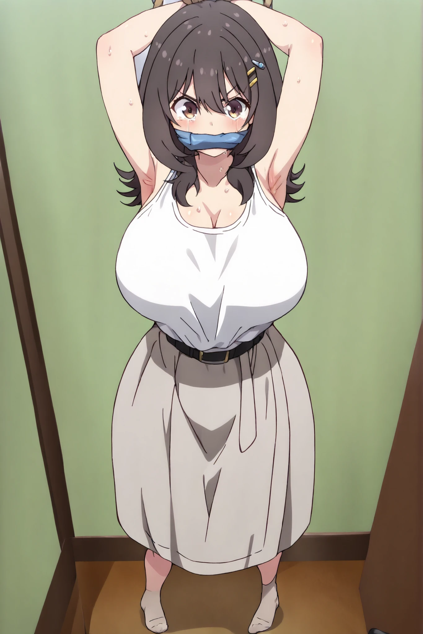 NTRMAN、NSFW, long hair, , black hair, black eyes, alone,perfect style、close、close、Are standing、MILF, (( , medium breasts, belly button、closed mouth, shibari、rope bondage:1.5、restrained legs、restrained arms、red rope、Arms behind your back、Beige lace bra,string panties、garter belt、stockings、dark room、concrete floor、surrounded by metal fence、prison)), ,embarrassed expression、my crotch is wet:1.6、Sweat、orgasm、blush, 、、sharp outline,, highest quality, masterpiece