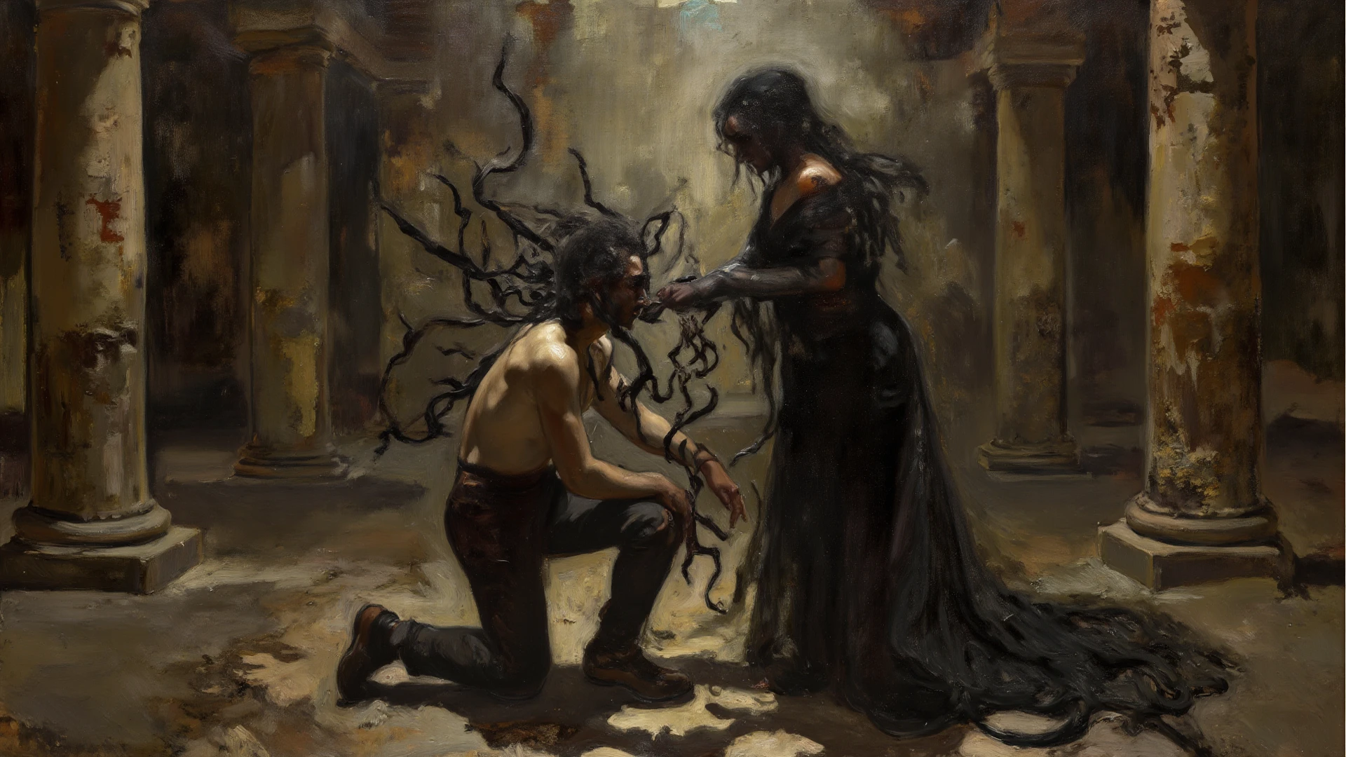 realistic horror painting in which a desperate and tormented man is being rejected by a woman. The man, with an expression of deep despair and wide eyes, kneels before the woman, his hands shaking as he begs for her love. His skin is pale and marked with dark veins, as if the rejection is literally draining the life from him. The woman, with an ethereal and sinister beauty, stands above him, looking down at him with a cold and impassive expression. Her eyes are deep and empty, emitting a pale and eerie glow. She is dressed in a dark dress that seems to flow like shadows around her feet, and her black hair waves as if moved by an invisible wind. The surrounding environment is dark and oppressive, with dense fog and indistinct shapes that seem to writhe in the shadows, while spectral figures watch the scene with macabre smiles. The contrast between the man's desperate plea and the woman's implacable coldness creates an atmosphere of deep psychological terror