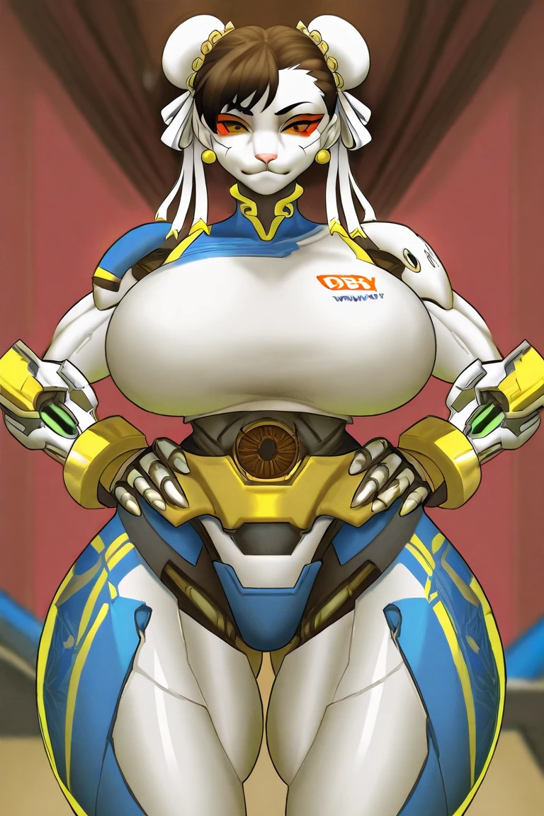 Vdrone, robot, white background, white hair, short hair, naked, thighhighs, massive breasts, massive biceps, muscular abs, big thighs, female cyborg, futuristic, cyberpunk, dynamic pose, detailed facial features, cartoon,  cowboy shot, detailed muscles, anime, massive nipples, toned abs, 