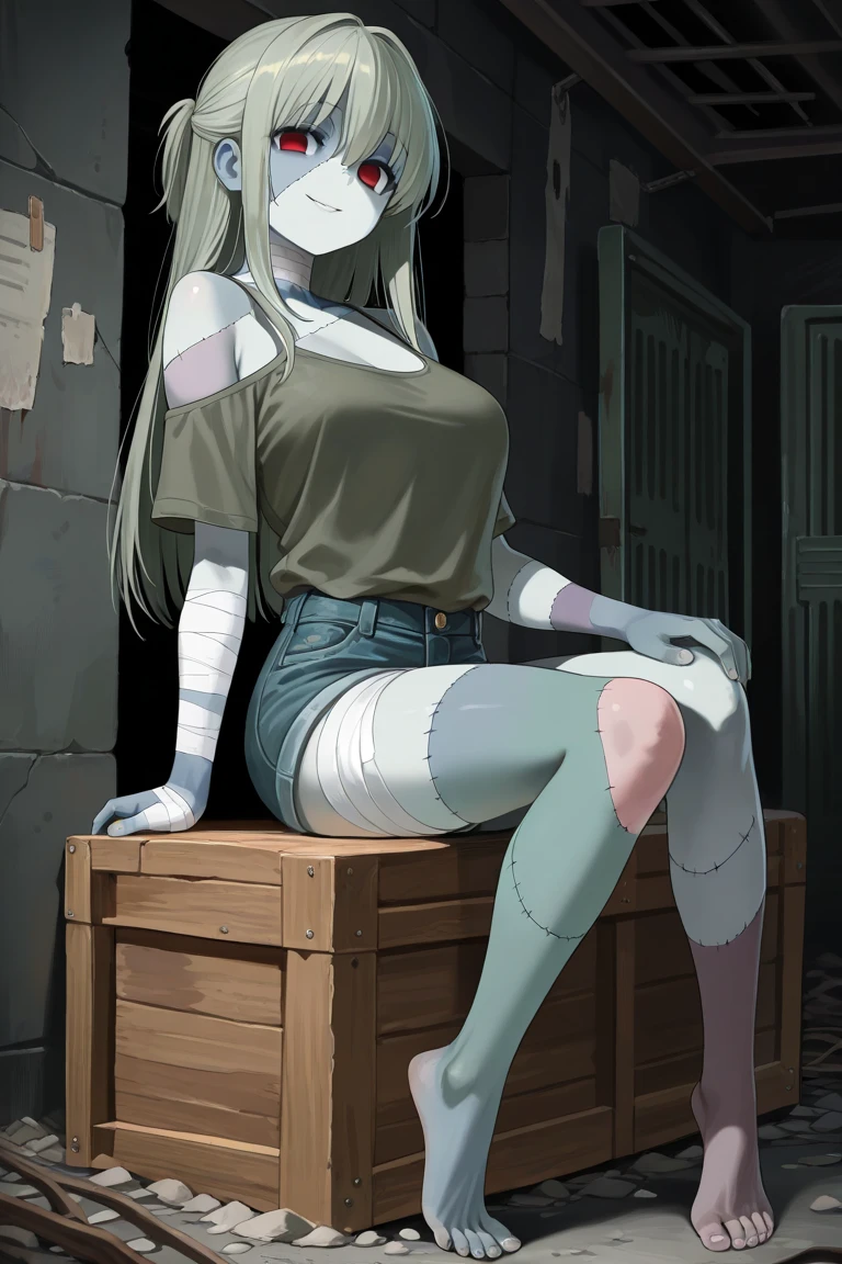 Bulma red dress legs crossed, adult content, full body image, sad expression, barefoot, toe nails red, tied ankles together, tied arms, sit on a chair, tape gagged,