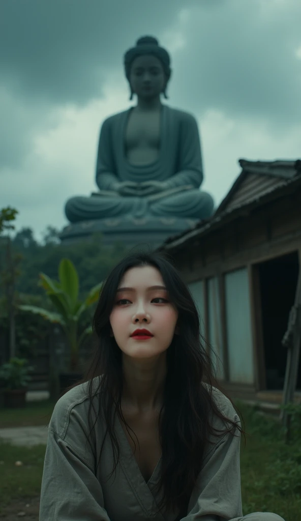 A woman and tourists take a photo at the Leshan Giant Buddha,Realistic style,real picture