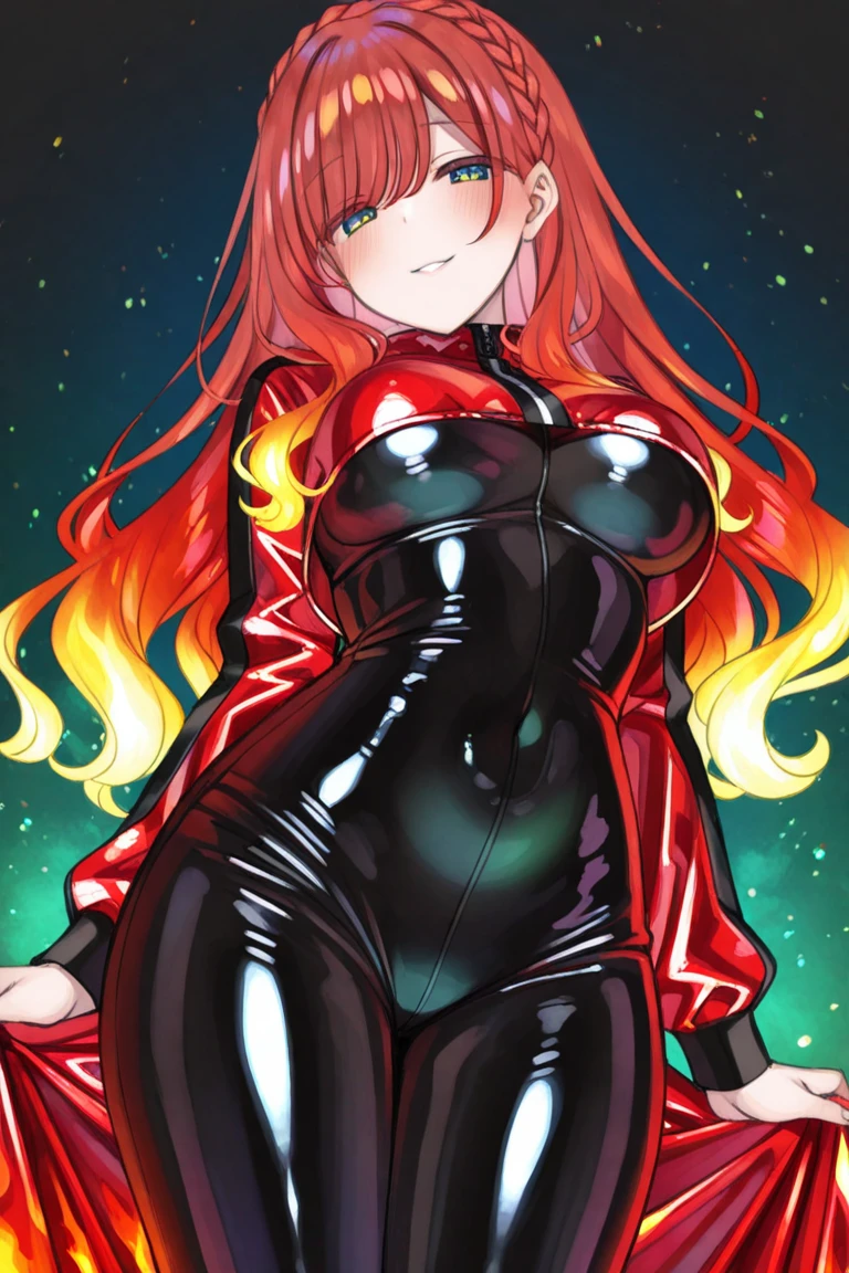 sexy beautiful, girl long red hair, green eyes, pale ivory skin, long crimson red hair, playful grin, wearing black and red skin tight superhero costume, jumpsuit, shiny vinyl, digital illustration