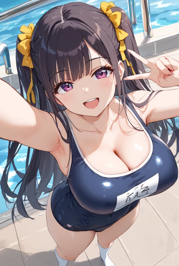 ((kancolle, ushio)), (((large breasts))), breast bags, ((outfit-midsummer swimsuit)), wet skin, double bust, groin, navel, cleavage, sunlight, from the center front, looking at the viewer, plump body, ((being stumpy, (short body, short legs, short arms))), ((young girl)), from center below, Embarrassed, shy, hiding her big breasts with one arm, I sharped cleavage, too sweat, cleavage drip on sweat,