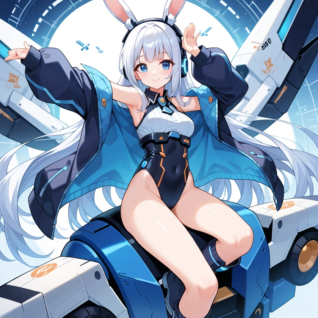 score_9_up, score_9, score_8_up, score_7_up, source_anime,masterpiece, best quality, high resolution, extremely detailed CG, absurdres, highres, 1girl solo, a mecha bunny girl jump on top of a futuristic circular device in universe, long hair, thighhighs, animal ears, rabbit ears, blue eyes, breasts, bare arms, no_sleeves, white thighhighs, headphones, medium breasts, very long hair, boots, smile, armpits, hands near head, kawaii, vivid color, good_hands
