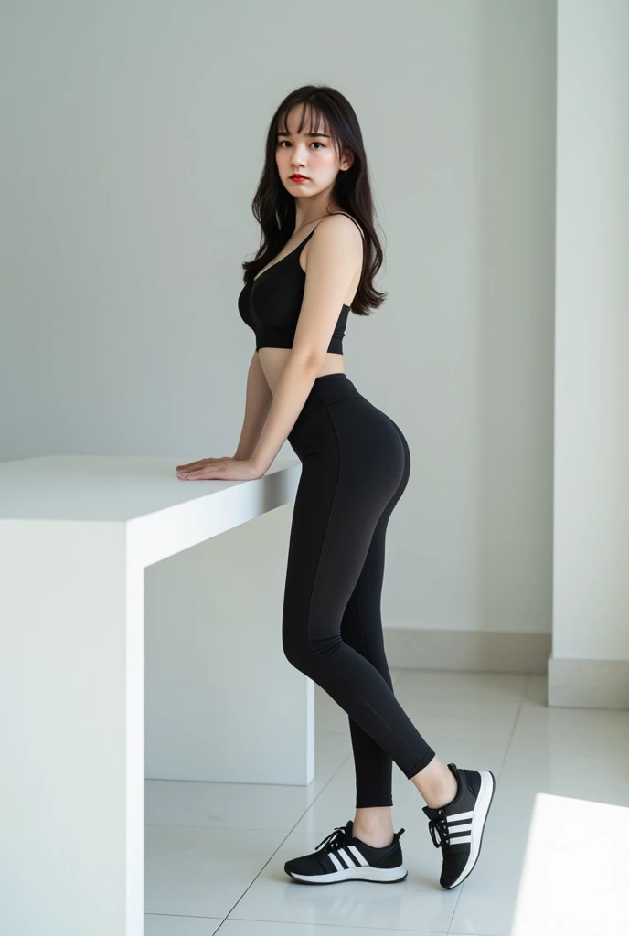 Beautiful sexy  woman, beautiful athletisure style, shoes sport, full length , black, 