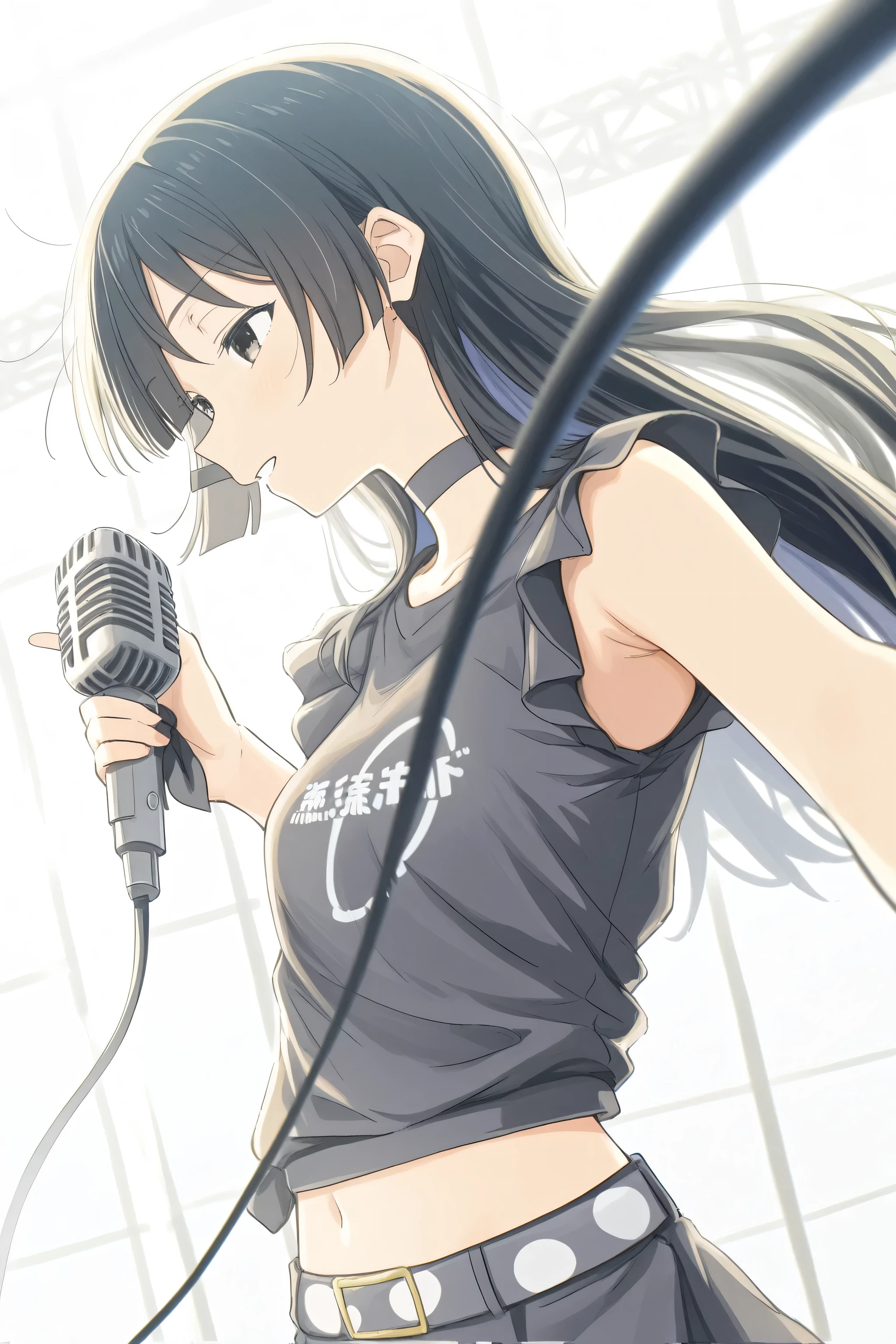 1girl,solo,black hair,long hair,black eyes,Coop face,Holding a microphone,on stage,BOCCHI THE ROCK!
