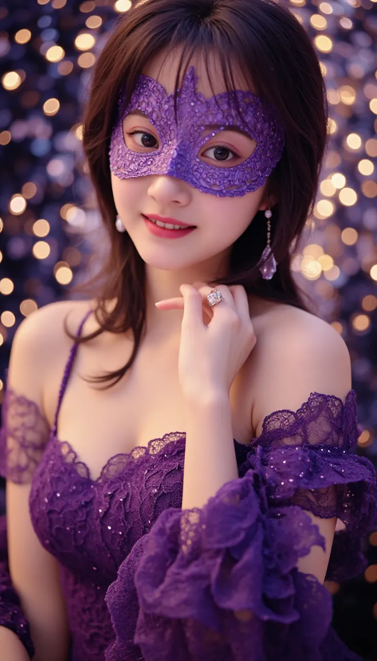 8k, highly detailed, solo, mature woman, <lora:masquerade_attire-1.0:1> masquerade mask, pastel purple dress, ((pose)), on back, from above, bed sheet, rose petals, dakimakura \(medium\), ((nsfw))