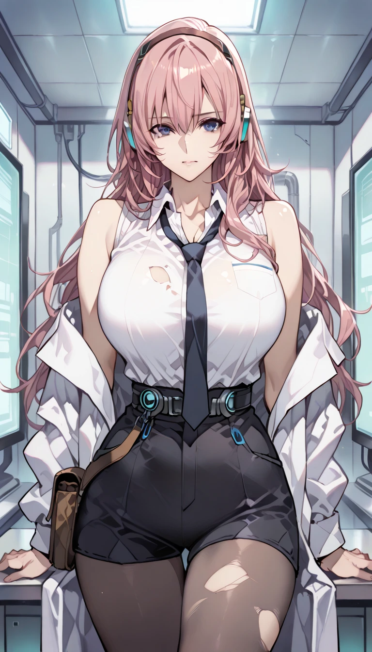 Best quality at best, tmasterpiece), 1个Giant Breast Girl, with pink hair, a purple eye, a garter belt, pencil skirts, Female office staff, Black bra, tiese, collared shir, leaning backward
