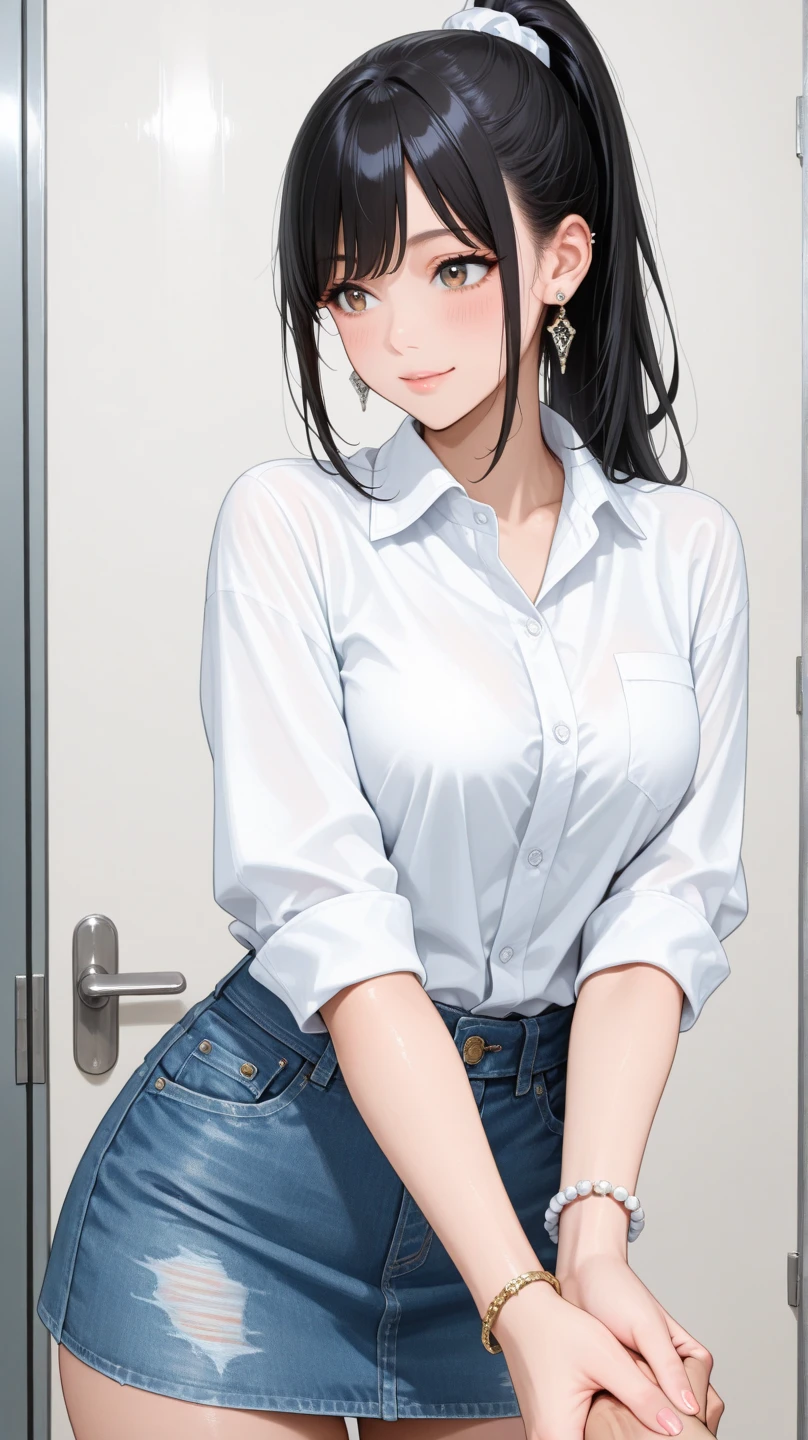 masterpiece, realistic eyes, best quality, bamboo, shut up, beautiful lights, movie, 8k, 1 girl, facial, wet face, eyeliner, wooden wall, medium breasts, white shirt, shorts, kamato nezuko, pink eyes, no clothes