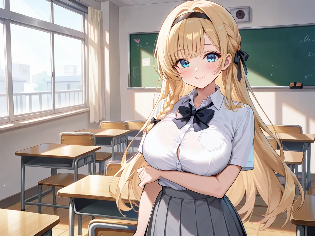 One girl, Beautiful smile,Embarrassed face, Close your mouth,Abstract, School, masterpiece, highest quality, so beautiful, Absurd, up to date, Complex details, AI-generated, Complex,High resolution, highest quality, super high quality,3D Images、View the viewers、3D Images,one person,anime girl with long blonde hair and blue eyes posing for a picture, a hyperRealistic , hyperRealistic , Realistic , blonde anime girl with long hair, Smooth anime CG art, Beautiful anime school girl,White long sleeve blouse,Blue checked skirt,Blue Chest Ribbon, (Large Breasts:1.5), Mature Body,Fine details,Abdominal muscles