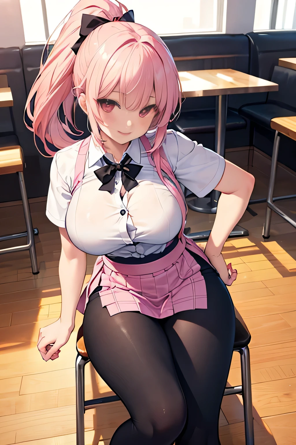 pink hair, hair, 8k, (single girl), (pigtails hairstyle), (masterpiece), ((ultra quality)), ((detailed eyes)), perfect face, (breasts stuck to the table), massive breasts, school girl, sexy look, (sit on chair and put her breasts on the table: 1.4), (huge boobs: 1.5)