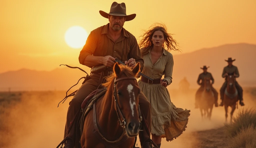 Edit a photo depicting a young black man, Afro-descendant with black power style hair, running away with a  girl, blonde and blue eyes, on a white horse and being watched by brave men armed with rifles, in a situation of danger