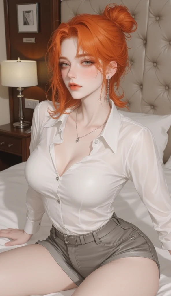 1 beautiful woman sleep in garden, perky breasts, ample cleavage, round and firm breasts, well-endowed, perfectly shaped bust, underboob top shirt, (beautiful face, aroused expression, seductive, intense makeup, (Realistic red hair), (short wavy hair, bob cut, earrings),large hoop earrings, Macro panties, white boots, eyes closed, mouth open, open legs