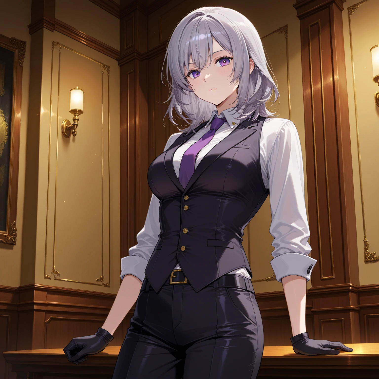 (Highest quality, High resolution, Very detailed), 1 female, Silver Hair, Super short hair, Reddish brown eyes, suit skirt, lace thong, garter belt, secretary, 24th generation, Beautiful woman, mature, quiet, Calm, Large Breasts, A small smile, office,