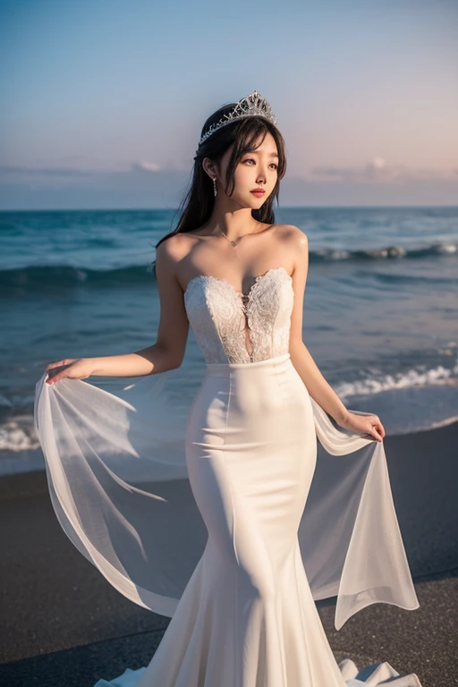 Woman in wedding dress standing on the beach, beautiful Korean women, Beautiful young Korean woman, Gorgeous young Korean woman, sexy gown, dressed beautiful gown, back - view, Choi Hong Hwa, white gown, wedding dress, stunning elegant pose, Hwang Se - On, Wearing elegant dresses, gorgeous chinese model, jaeyeon nam, Beautiful Asian Woman