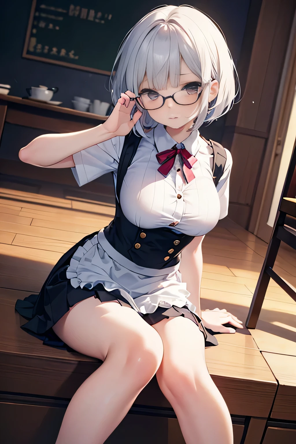Pop art,,,,(on all fours:1.3),,,,,(pink lipstick:1.2),,,,shy,,,,(embarrassed,blush:1.3),,,glasses, eyes smaller,,,whole body, long legs,,,,,,,,,,UHD, anatomically correct, super detail, high details, best quality, 8k , depth of field,,,1 female,,(38 years old:1.2),,,(short hair,Lower ponytail,silver hair:1.2),,,necklace,large breast,,(button gap:1.3),(white shirt,,black very short pleated miniskirt:1.6),,,,,,,,,,,,(from below:1.5)