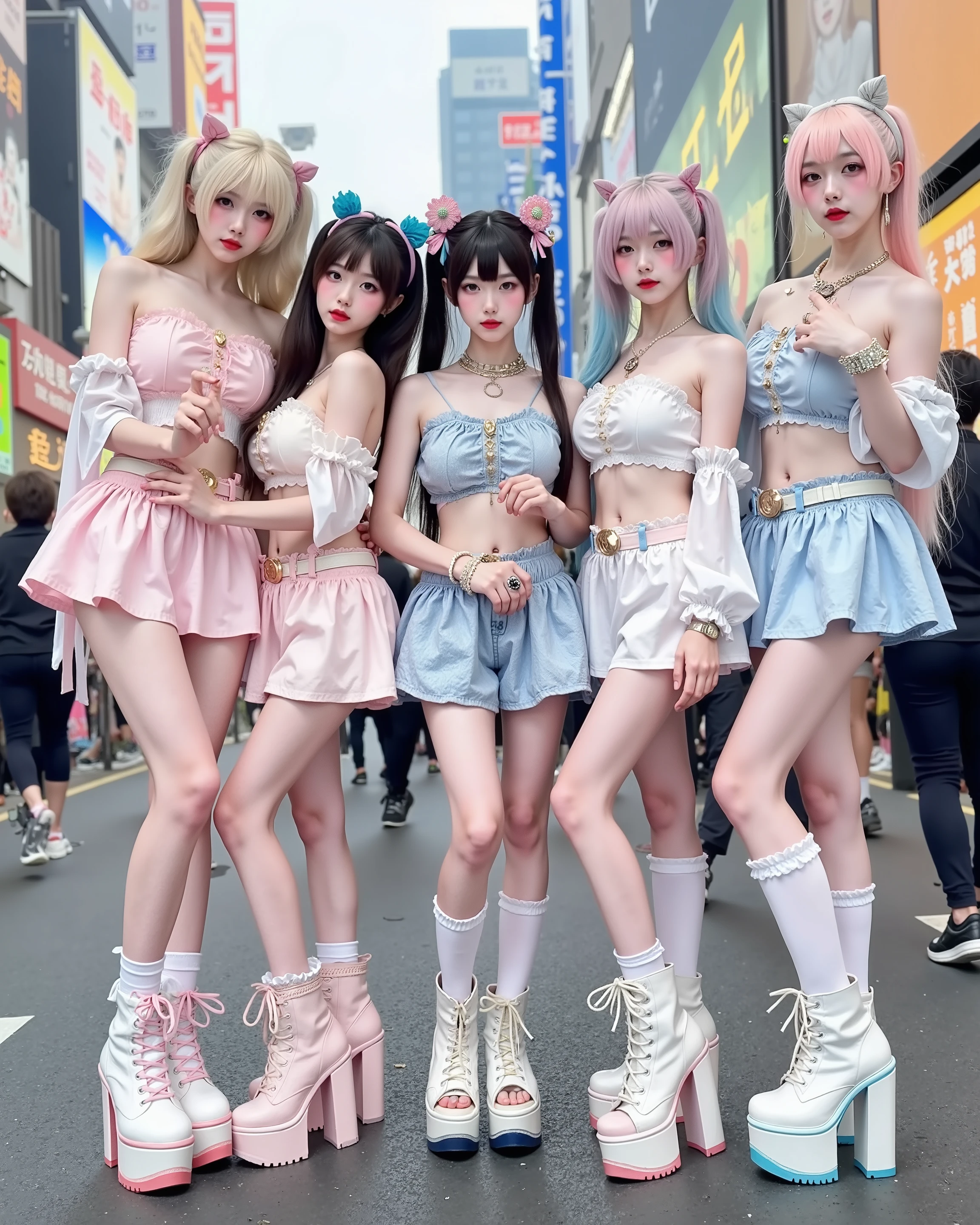 Five energetic "ganguro gyaru" girls standing together in the heart of Shibuya, Japan, with vibrant street life in the background. They have deeply tanned skin, white "panda" eye makeup, colorful eyeshadows, and glossy lips. Their outfits include loose socks, short schoolgirl skirts, crop tops, ((over knee super platform boots)) . Each girl has a different eccentric hairstyle: blonde curls, twin tails, braided extensions, and bold dyed colors. The setting is around Shibuya 109, with bright neon lights, billboards, and a lively urban atmosphere.