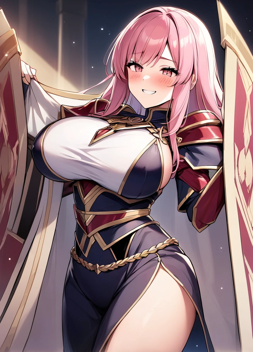 anime girl, long hair, pink hair, blue eyes, pink dress armor, smiling, sword and shield, big breasts, boots, belt on leg