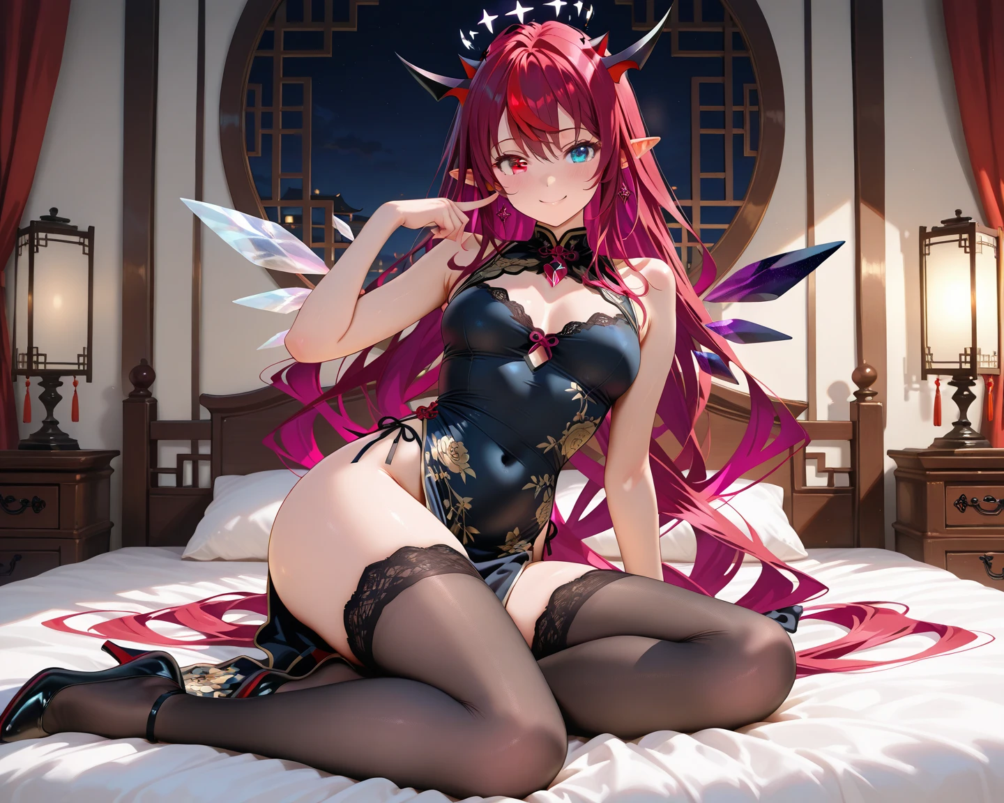  (masterpiece:1.2, best quality), ,flushed , lingerie, bed , lie down in bed , sexy, IrysBase, heterochromia, long hair, double halo, detached wings,  flower, purple thighhighs
