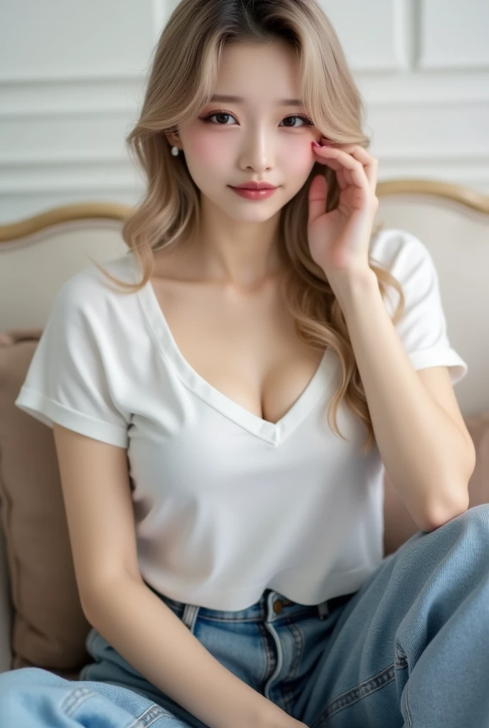 Gorgeus Girl, Beautiful, Baby Face, 20 Years Old, White Skin, Beside, Sexy Pose, White Loose tank top, Blue Eye, Bokeh, hotel room Background, Masterpiece, Fullbody Shot, short pants, naked