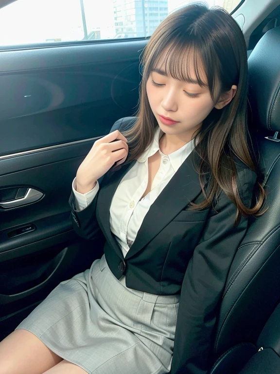 (highest quality, 8k, 32k, masterpiece, Ultra-high resolution:1.2),Beautiful Japanese Women Photos, 30 years old, alone、(Medium short dark brown hair), ((Sleeping in a Shinkansen seat, Look down、Close ~ eyes, Unconscious、front、I can see her panties)), ((Grey pencil skirt, Grey business jacket, White Business Shirt))、