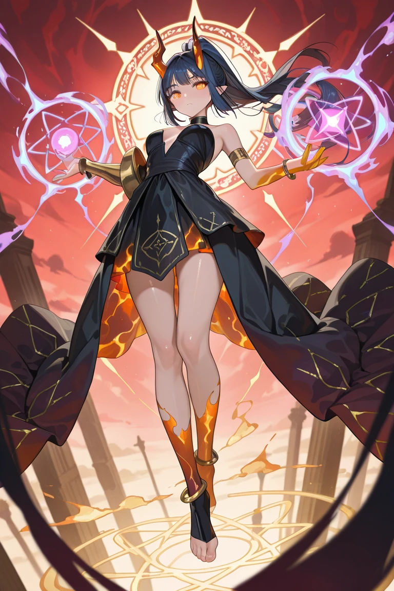 masterpiece, best quality, highres, 1girl, solo, magician, superhero, leotard, bare legs, matching shoes, gloves, looking at viewer, outdoors, night, leotard, black hair, purple eyes, medium breasts, long hair, standing, full body, heroic, light particles, magic, hair down, cool
