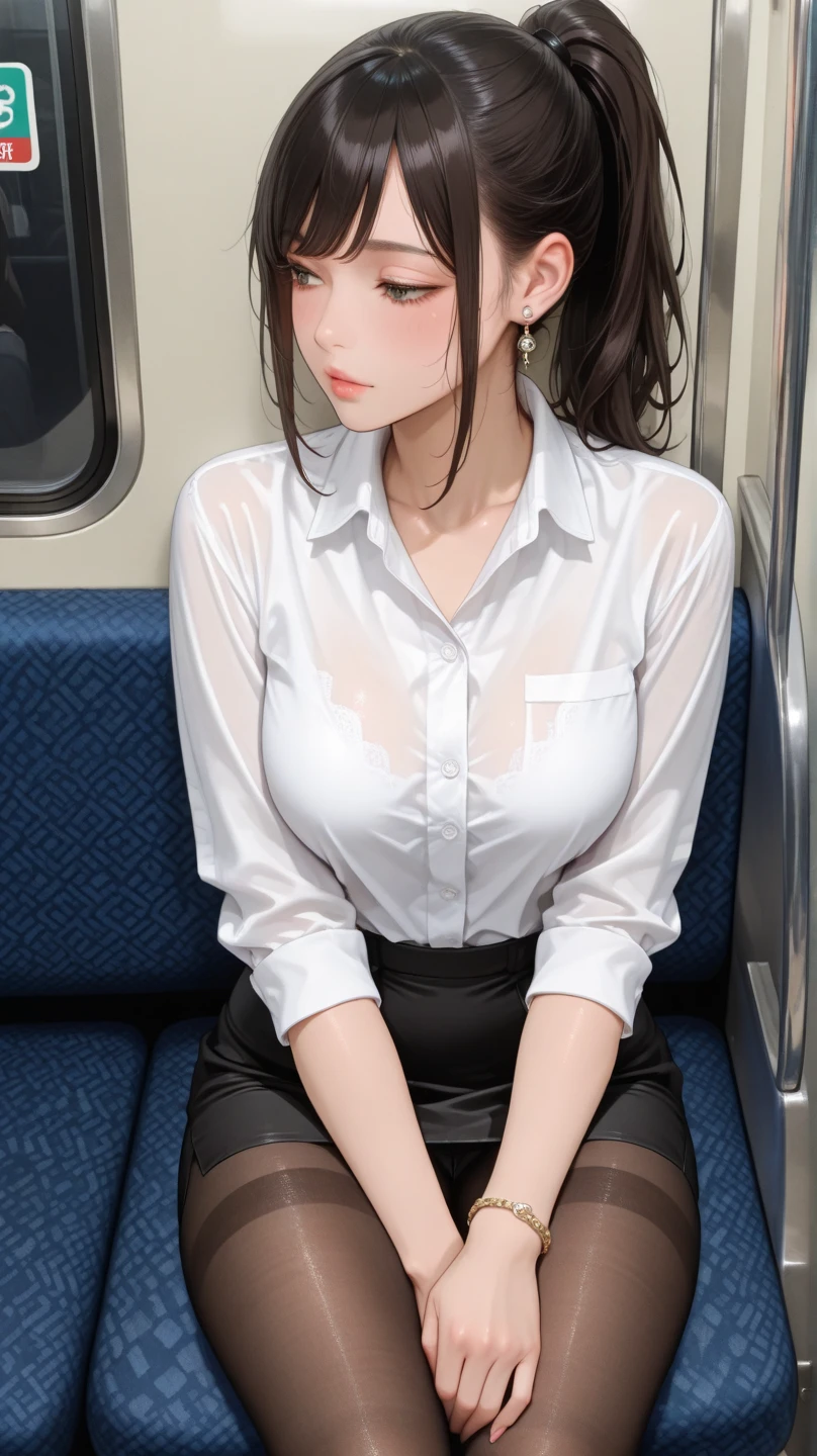 Wet in the rain, white blouse see-through, big, embarrassed, braless, visible, miniskirt, uniform, on a crowded train, high school girl, --auto --s2