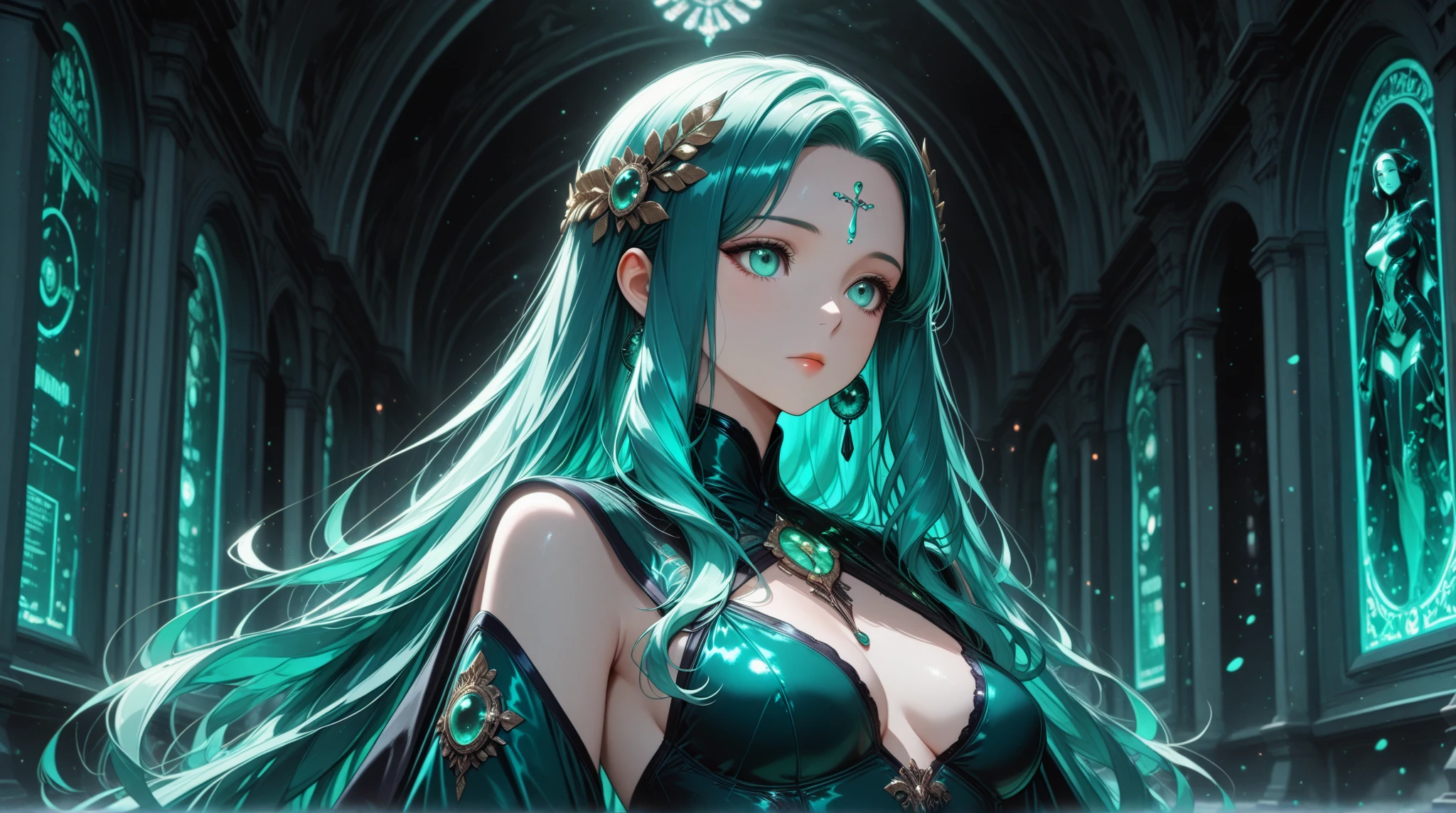 Necromancer goddess, white hair, green eyes, anatomically accurate, skeletons in the background, deitu