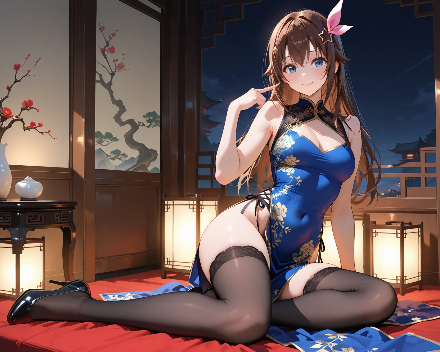 Huo Wu,1girll,独奏,brunette color hair,long whitr hair,whitethighhighs,a chair,high-heels,roleplaying,((The upper part of the body)),Young and beautiful,Tall and beautiful,Fair face,Perfect facial features,Tall and beautiful,White skin of the,Good figure,4K,CG, Holding a fan,Blue Themes,gameCG background,3Drenderingof,realisticlying,cinmatic lighting,Smooth fog,详细的脸,A faint smile,((((Japanese style architectural background)))