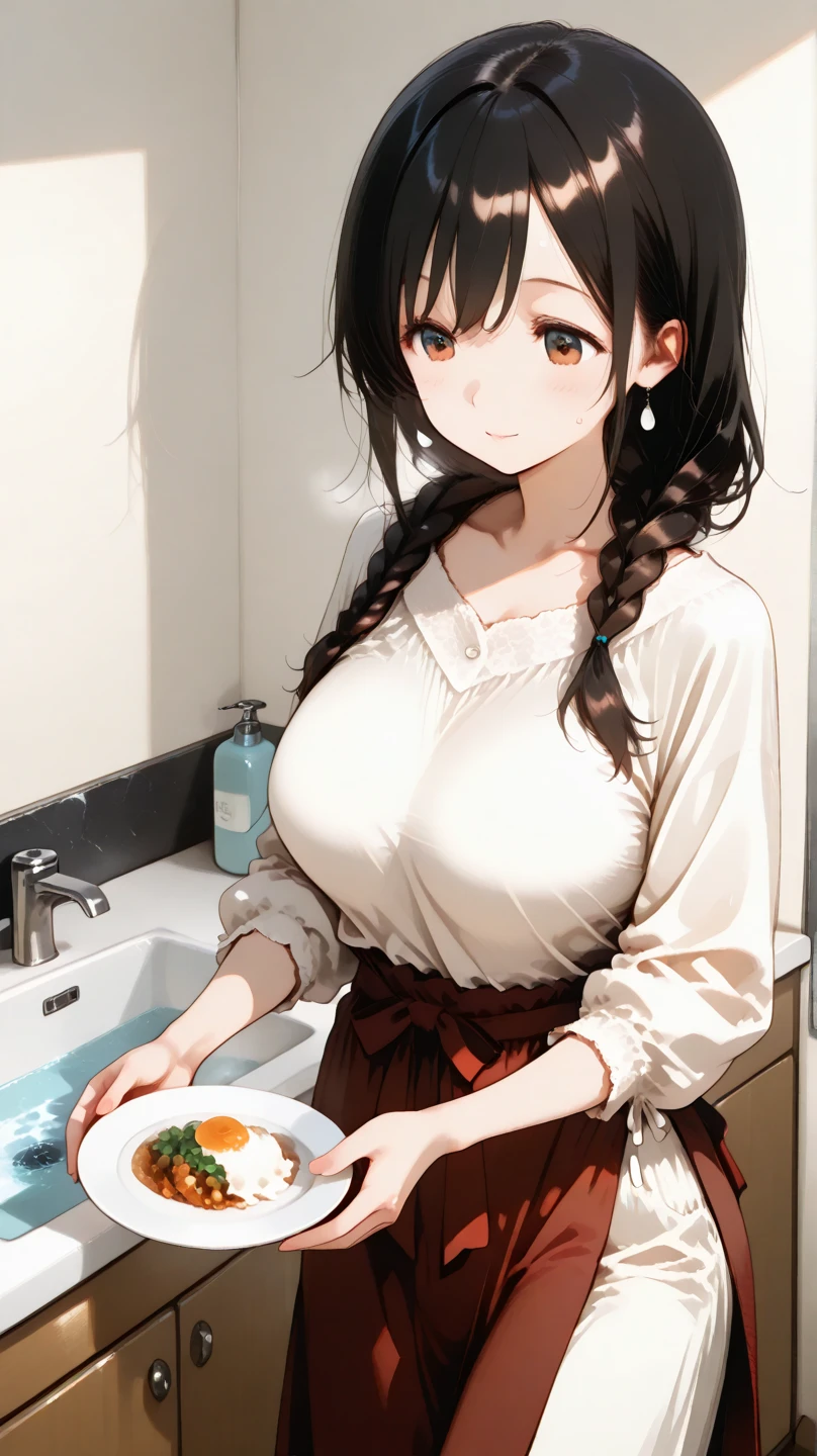 8K, RAW, Warm tones, warm lighting, warm color, long red hair, side view, wearing mens formal shirt and panties, she has small size breasts and cleavage, cooking in a cozy kitchen, food is cooking in pots and pans and steaming, Dynamic Styles, smile standing at the stove