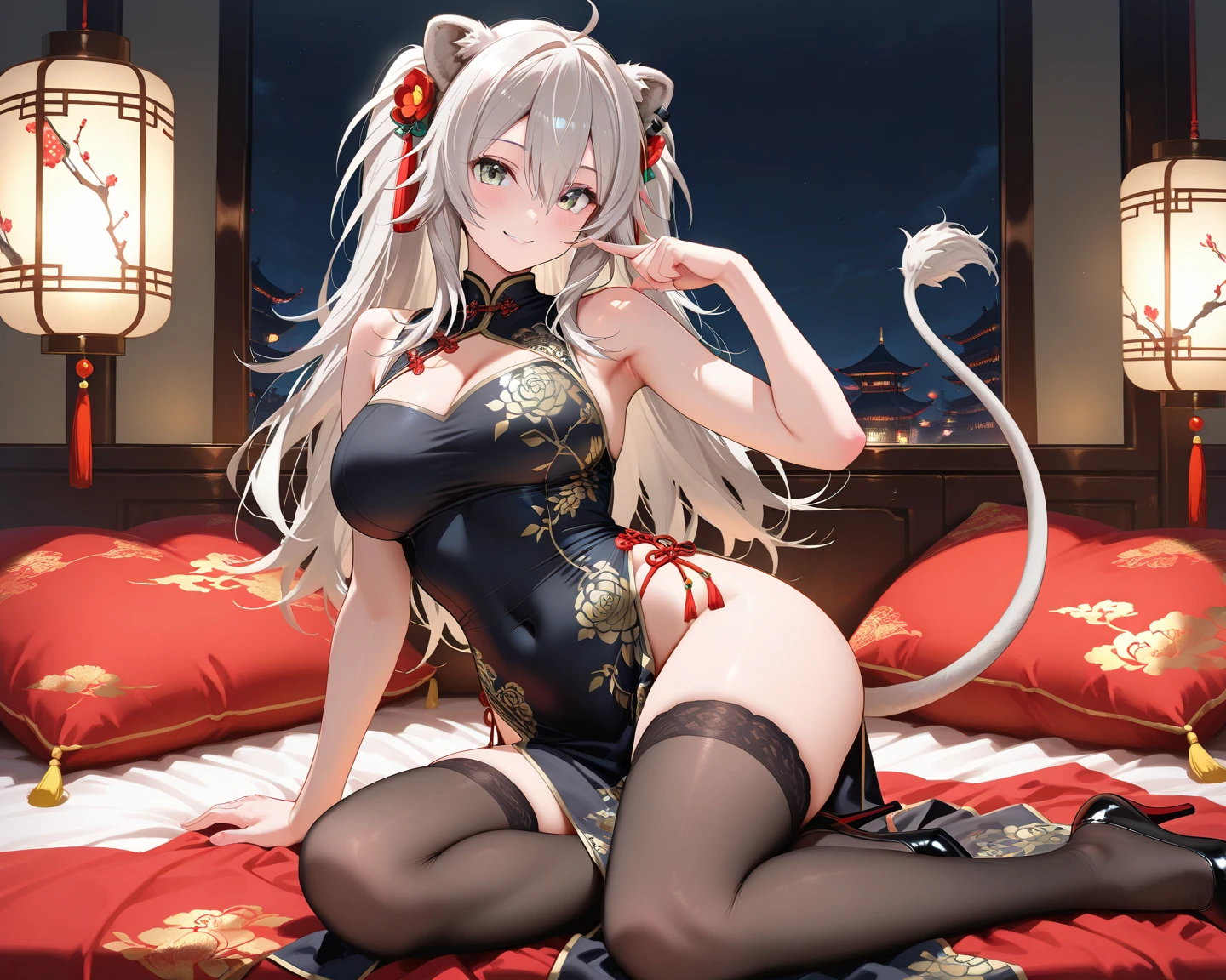 Realistic, 1girl, sexy body, sexy pose, sexy styling, sexy expression, delicate facial features, black glasses frames, beautiful eyes, light blonde hair, long hair, ultra-fine hair, floating hair, plump breasts, tight and upturned hips, black tight high-forked cheongsam, high-forked tight long skirt, embroidered gold lace, light-colored tight white stockings, black block heels, figure in the center of the frame, delicate five fingers, pale nails, open black fan in hand, fan with yellow tassels, Glowing eyes, cropped top, parted lips, blushing, Chinese dragon element in background, chest exposed breasts, open legs, red lips. --auto