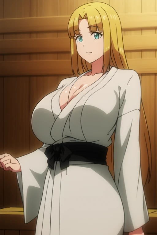 1girl, solo, blue_eyes, blonde_hair, black collar, large_breasts, ???????, huge breasts, ??????????, exposed ?????????, smile, indoors, ponytail, masterpiece, best quality, illustration,