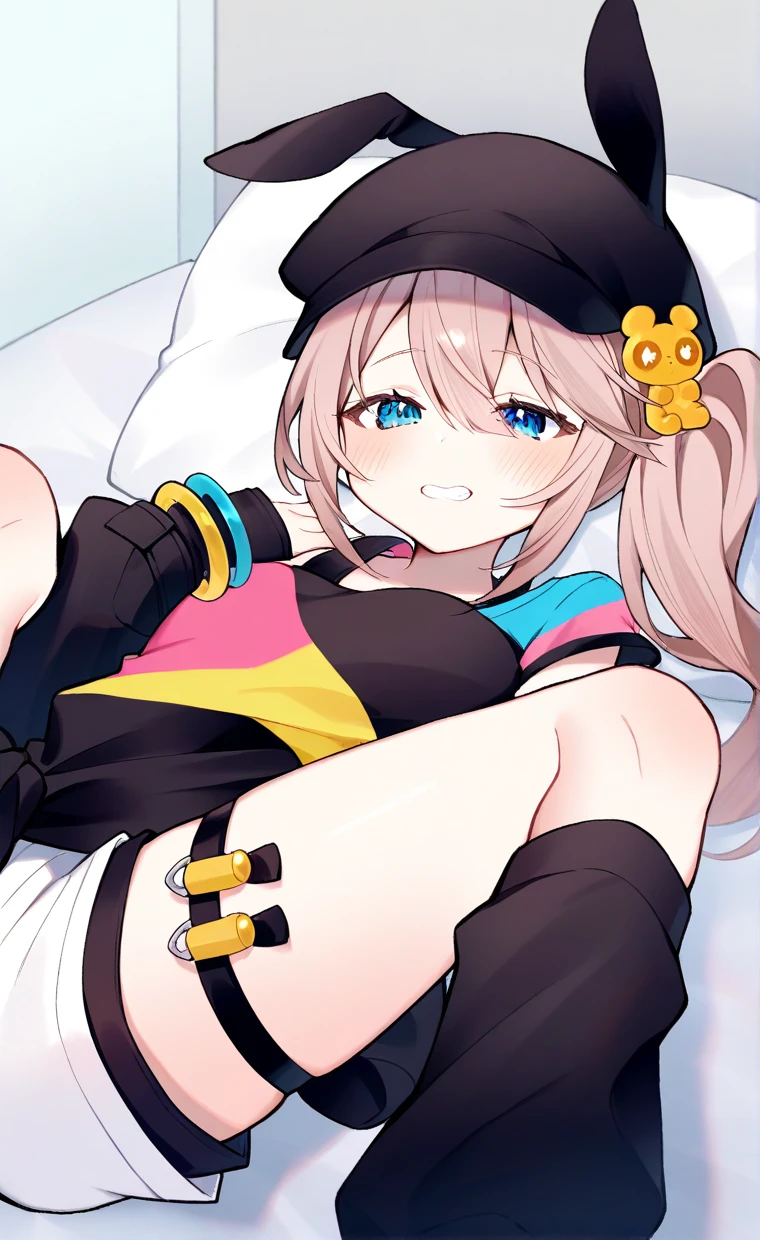 (masterpiece, best quality, very aesthetic, absurdres), 1girl, female on top straddling stuffed toy, bedroom, on bed, (simple background), looking down, leaning forward:1.2, ((WatameBase, short hair, wavy hair, ahoge, hairclip, blue jacket, half undress:1.2, clothing lift, camisole, pink_bra, bra lift, bare breasts:1.3, show off nipple:1.2, no shorts, pink_panties, thigh strap, navel)), narrowed eyes, BREAK, (white duck stuffed toy, Cowgirl Position, crotch rub, speed lines:1.2, pussy juice), bouncing breasts, Motion blur, (motion lines:1.2), open mouth, ,saliva trail, (clenched left hand, left hand covering mouth), (blush, embarrassed, moaning, panting), girl trembling with sexual climax, (unworn shorts on bed:1.4)