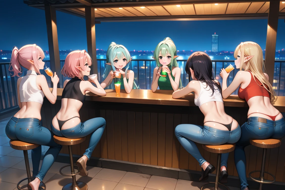 (very detailed, 4k, photorealistic),(camera shot from the back, 3 quarter body shot), 7 pretty girls in different swimsuits, sitting facing away from the viewer, sexy bums, girls bending over a beach bar, female bartender in bikini top behind the happy serving drinks