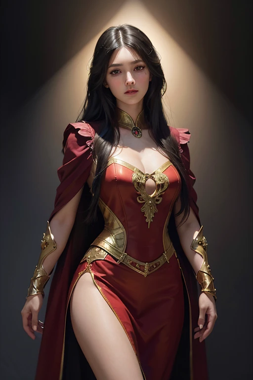 ((Masterpiece))), ((Best Quality))), ((Ultra Detailed)), (Surreal), (Highly Detailed CG Illustration), Cinematic Light, Realistic, Very Beautiful Young Lady,Sexy, Light Makeup, Intricate Details EABA, Red Cloak, Spear
