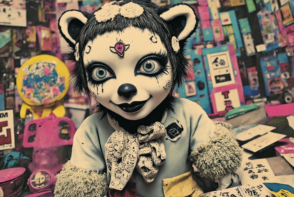 [(This is Junji:1.5), creepy, Dark, in black and white, Detailed line art from the manga, scared, psychological horror, Grotesque, morbid, Surreal], a girl holding a teddy bear, Annie, League of Legends character