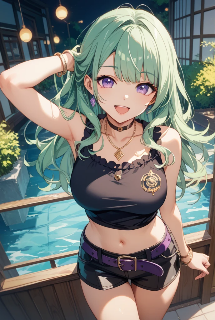 (masterpiece:1.3), (absurdres:1.3), (best quality:1.3), hand of Guido Daniele, (ultra-detailed:1.3),(best shadow:0.7), (handled hair), 1girl, solo, 
yakumodd, long hair, crystal earrings, ear piercing, large breasts, cleavage, fishnets, necklace, purple belt, black shorts, bracelet, crop top, black belt, detached sleeves, black choker, black shirt,
smile, closed_mouth, standing, leaning forward, arms_behind_back,
BREAK cafe, indoors, window, potted_plant, dappled_sunlight, lighting,