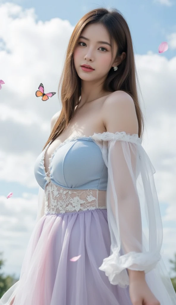 High detail, 8k resolution, super high resolution, a young girl cute girl, pink long hair wavy curly hair, color clear eyes, smooth hair, collarbone, exquisite and perfect facial features The most beautiful big eyes, long eyelashes, sweet eyes with lying silkworms, smile, blush, dynamic angle, ultimate picture quality, highest precision, precise and perfect human body structure, medium chest (((light cyan puffy skirt, square neckline, butterfly decoration, ruffle lace))), (((hidden hands)) standing, bust photo