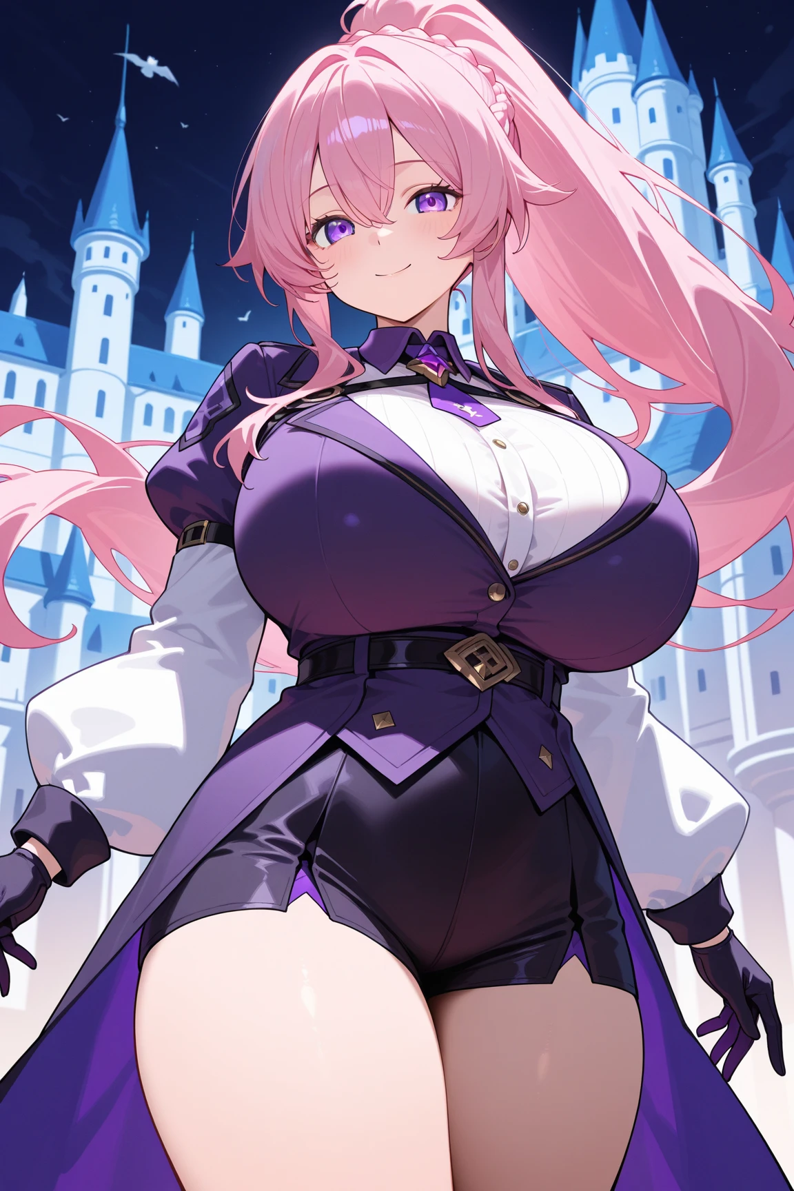 (ultra realistic photo, 8k uhd, full of details in clothes and face, masterpiece, girl goddess of beauty). Shogun Raider from Genshin Impact is a sexy woman with long, flowing purple hair, who wears a highly detailed sexy lingerie, she wears a jewel on the side of her head adorned with gold details and a gem in the center. - She wears a purple and pink outfit with gold details, with ornate designs in gold. The upper part of the armor is tight to the body, highlighting its curves. (she has long breasts, huge and perfect breasts emerging from her sexy, erotic cleavage, sharp pointed BREASTS), ((transparent micro panties showing pussy, perfect pussy)), defined body, body with curves, big perky ass, pussy showing, His arms are covered in armored gloves that have similar designs in gold and are attached to his upper arm by straps. - A piece of cloth flows from his waist, complementing the armor look. - Her face is very beautiful, she has light pink eyes and a serious expression. - In the background, there is a dramatic sky full of dark clouds and lightning lighting the scene. A full moon is also visible between the clouds. Pussy