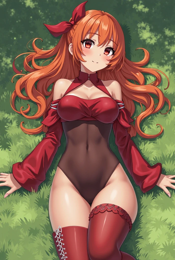 Incredibly detailed, Absurd, ultra high, ultra detailed, best quality, full quality, maximum quality, 8K, HD, HDR, red hair, red eyes, Very slightly wavy hair, Tight black jumpsuit with red details, hottie, bare legs, thighs, Medium-large ass, Medium-large , in a forest,