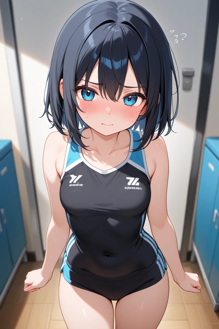 woman。(Athletics)。smile、Dark brown ponytail、(世界Athletics)。(Dark blue track uniform:1.2)、Sleeveless、(locker)。(lockerルーム)。(独立Athleticsユニフォーム)。competition、Perfect hands、Show your belly、Are standing、Facing the audience、training、Sitting on the floor、Open your legs slightly