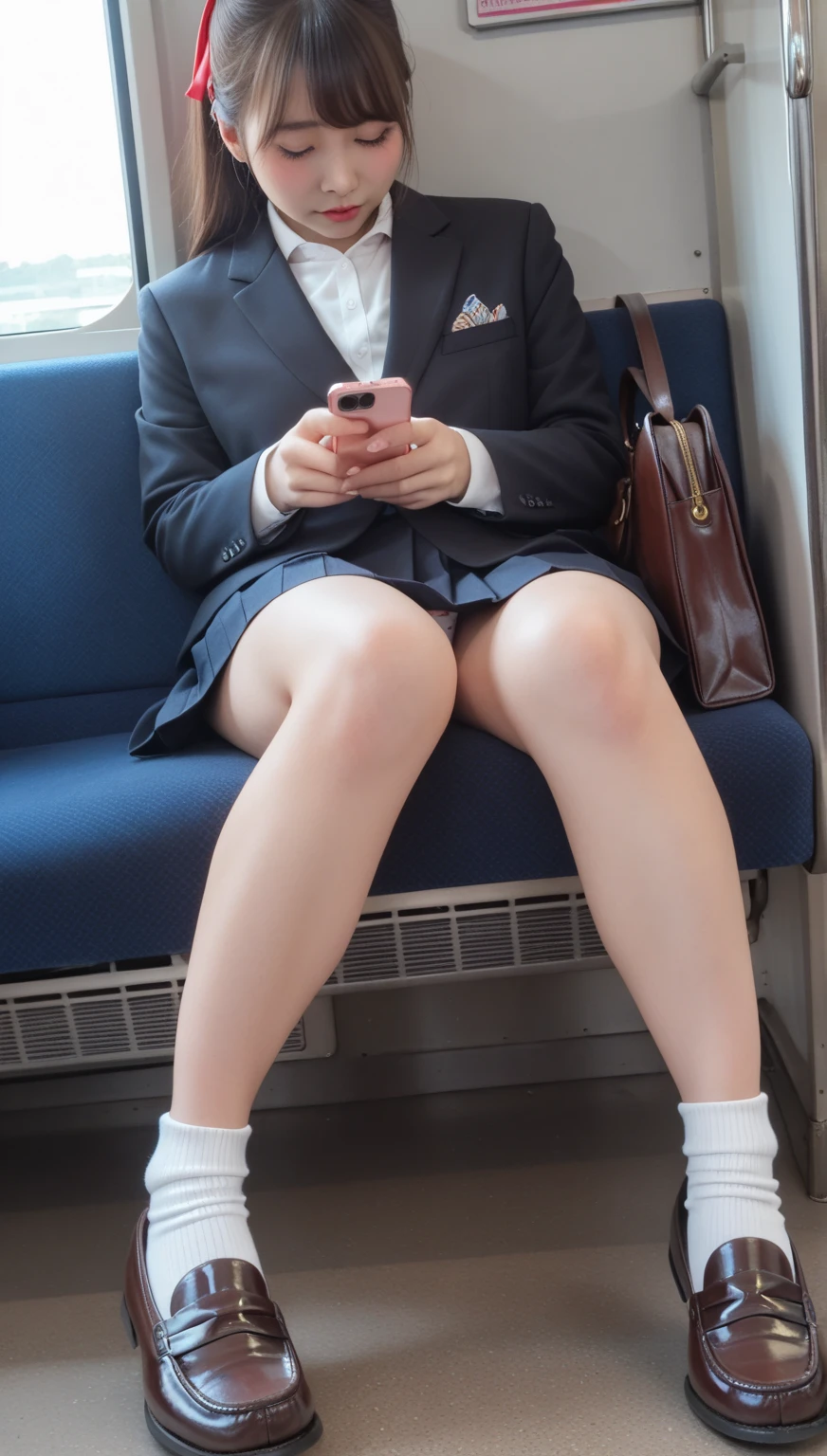 「(masutepiece, High quality, Ultra High Quality, 4K)Light brown hair、28-year-old Japan girl、Uniform skirt、Emphasis on the thighs、white thighhig,Soft thighs、Glossy thighs、Sitting on the train、Face-to-face angle,(Angle from below),Sitting in a train seat,Sitting at the front，Zoom camera in the crotch,Feet are on the floor of the train,full body Esbian,Looking down and sleepy,Watching the viewer only」,light brown hair, Best Quality, Ultra high definition, (Photorealistic:1.4),, High resolution, detail, Raw photo, Sharp Re, Nikon D850 Film Stock Photo by Lee Jefferies 4 Kodak Portra 400 Camera F1.6 lens rich colors hyper realistic lively textures dramatic lighting unreal engine artstation trends cinestir 800,