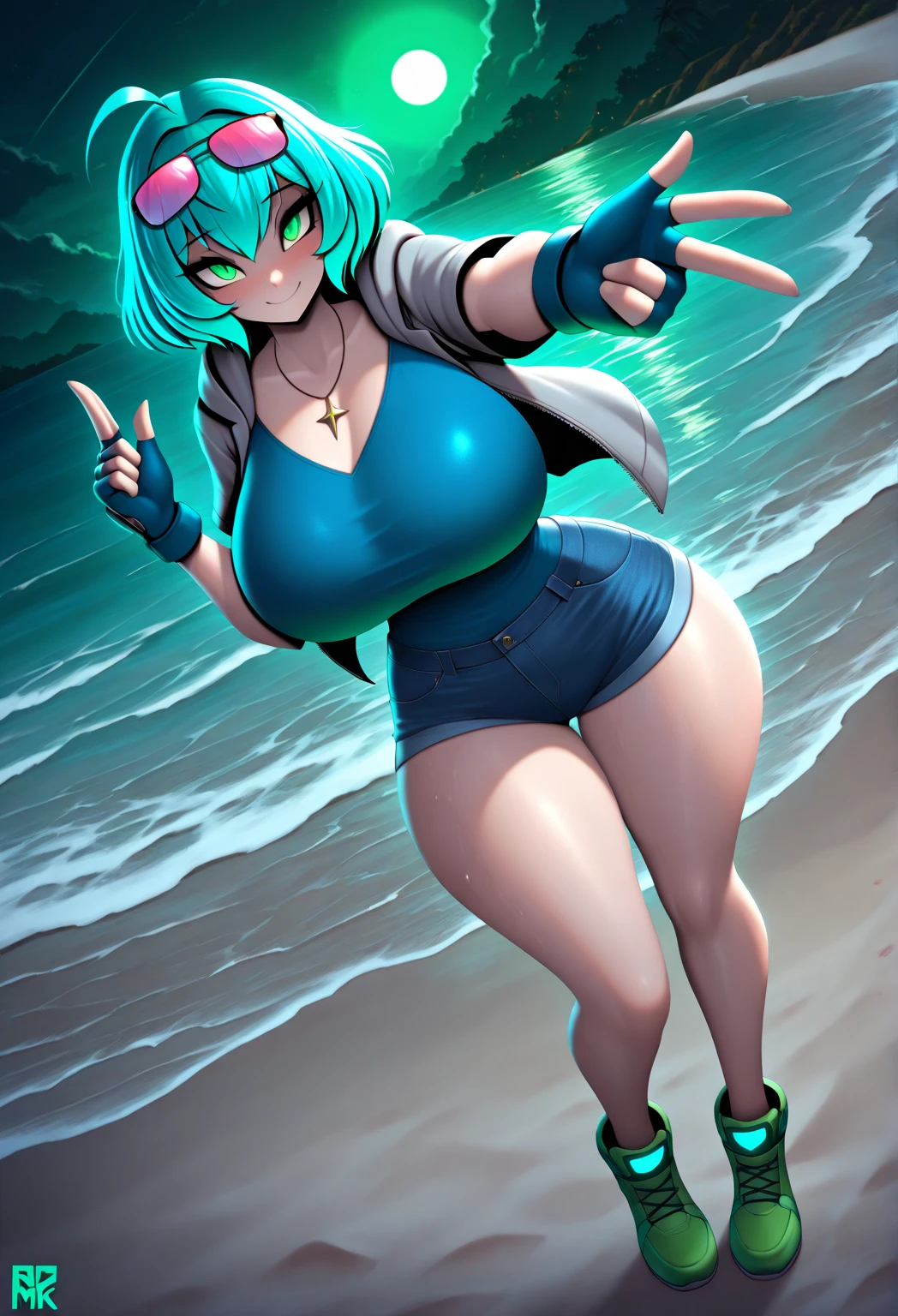 1 skinny girl, solo, light blue hair, (red and purple heterochromia), (red left eye and dark purple right eye:1.4), bending back, looking at viewer, BREAK, black plunging neckline short dress, dark yellow cropped jacket, black thighhighs, BREAK, (bouncing unaligned huge breasts:1.5), cleavage, very short torso, (inconceivably narrow waist), thin long legs, BREAK, holding a spear, BREAK, (show off crotch:1.4), desert, desert storm, strong wind, rocks at background