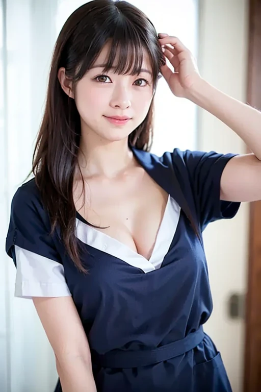 munechira、Down blouse、Detailed face、Detailed eyes、Detailed mouth、Detailed nose、(Leaning forward:1.3)、(Detailed bra、オーバーサイズのuniform:1.2)、Very cute girl、beautiful girl、Big Breasts、(Japanese high school students、uniform、Black Hair、ponytail、front)、Cute Japanese Woman、17 years old、high school girl、Young girl