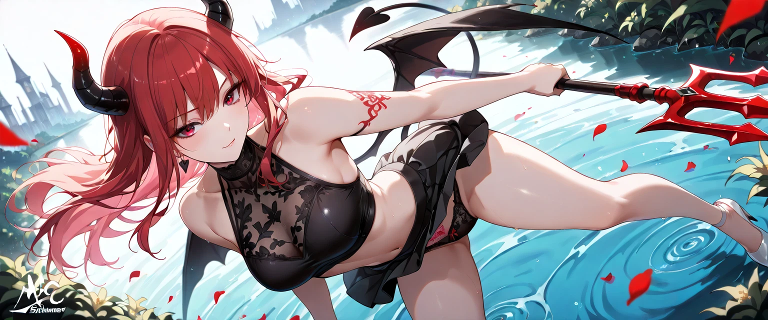 8K, femboy, petit, adult. kawaii vampire, crimson hair, short hair, red eyes, fang, bat wings, smile, (blush), (shy), pointed ears, looking at viewer, dynamic angle, wind, game cg, fantastic scenery, devil tail, demon tail, thin tail, black horns, medium breast, show full body, lingerie, hot springs, yokai, yokai pet, monster, latex, sexy