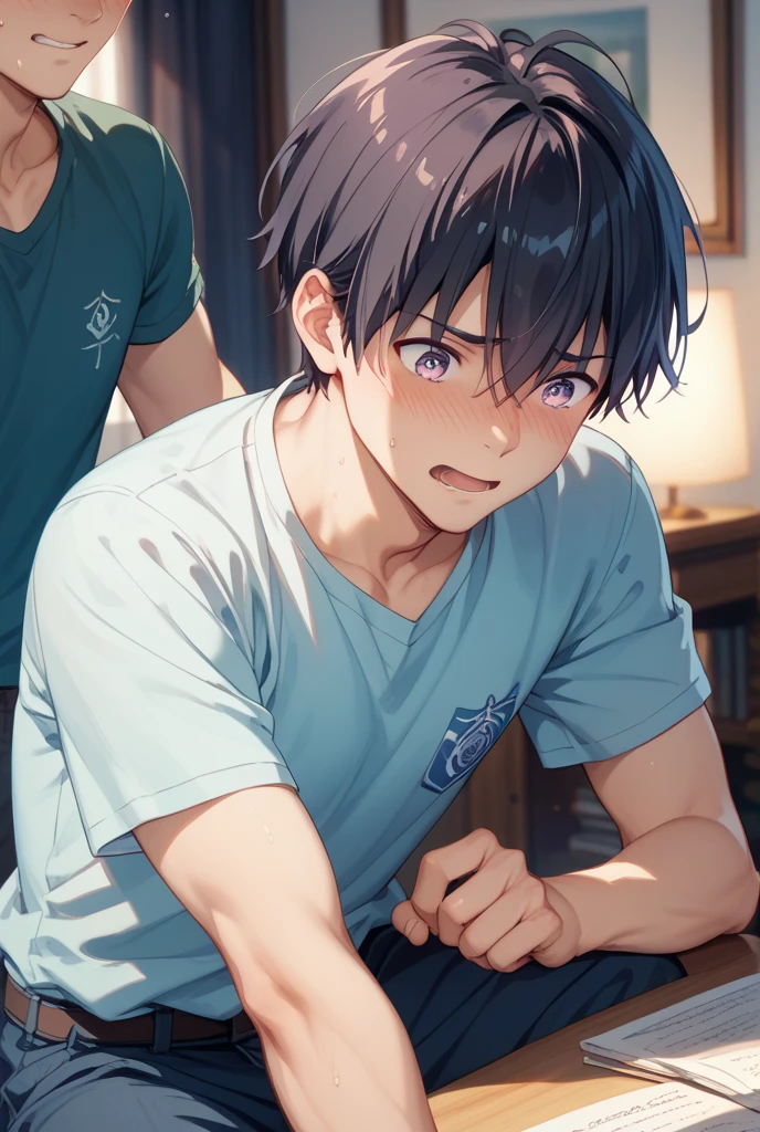 (score_9,score_8_up,score_7_up,score_6_up,score_5_up,score_4_up, source_anime), 8k, best quality, best lighting, BREAK, 1boy, 15 yo, thin eyebrows, toned, six pack, short sleeved navy soccer shirt, (bottomless: 2), veiny arms, , huge penis ((erect : 1.7)), huge testicles, thick outline, , blush, locker room, wide shot, look away, yoichi_isagi, blue eyes, black hair, sitting steel bench, spread legs, panting, bedroom eyes, steam, sweat, ((orgasm face)), (super massive cumshot: 1.5), cum on face, cum on shirt, cum on hair, cum on chest, cum on legs, cum strings, cum in mouth,