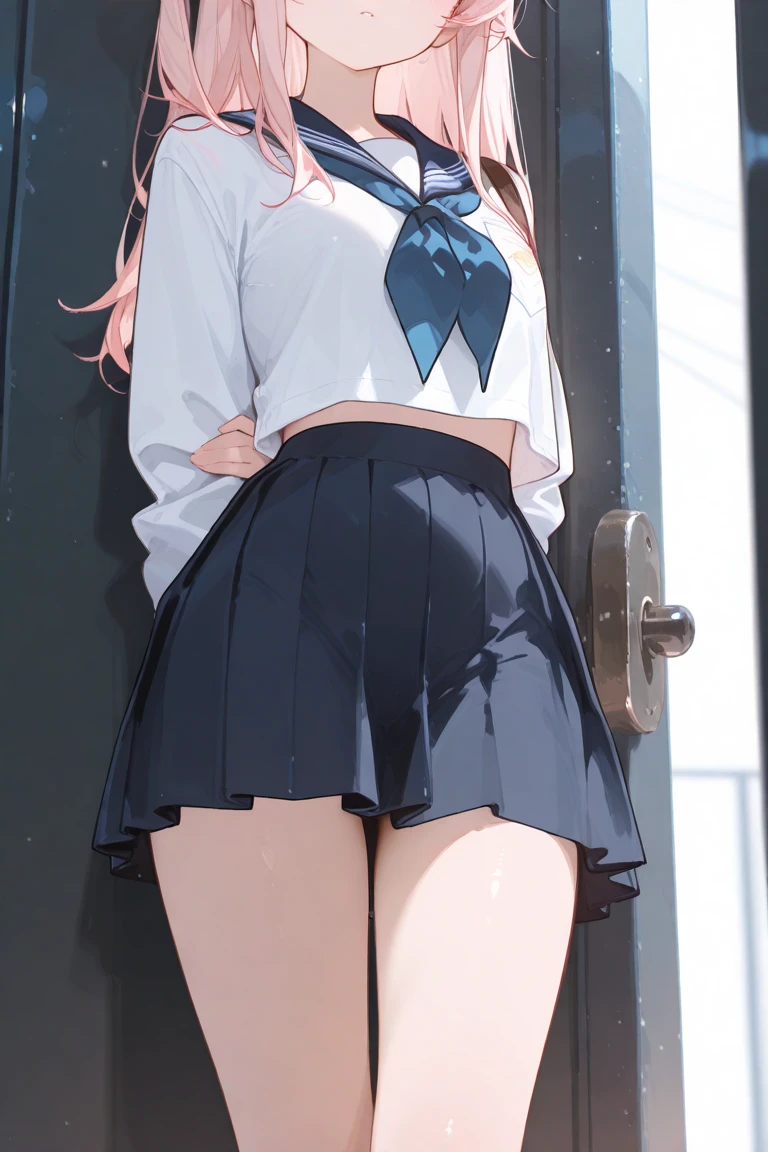 Full body illustration of a girl, Best Illustration, ((Best Quality)), ((Masterpiece)), (Details: 1.4),Anatomical, Award-winning concept art, Beautiful, Fine details, Face Over Here ((Show Your Face)), 1 girl, Full body, Solo, Undergarment, Panties, Skirt, White panties, Wet, Shirt, Wet clothing, skirt lift, blush, classroom, navel, clothes lift, bow, simple background, lift yourself, white shirt, uniform, look away, short sleeves, uneven nipples