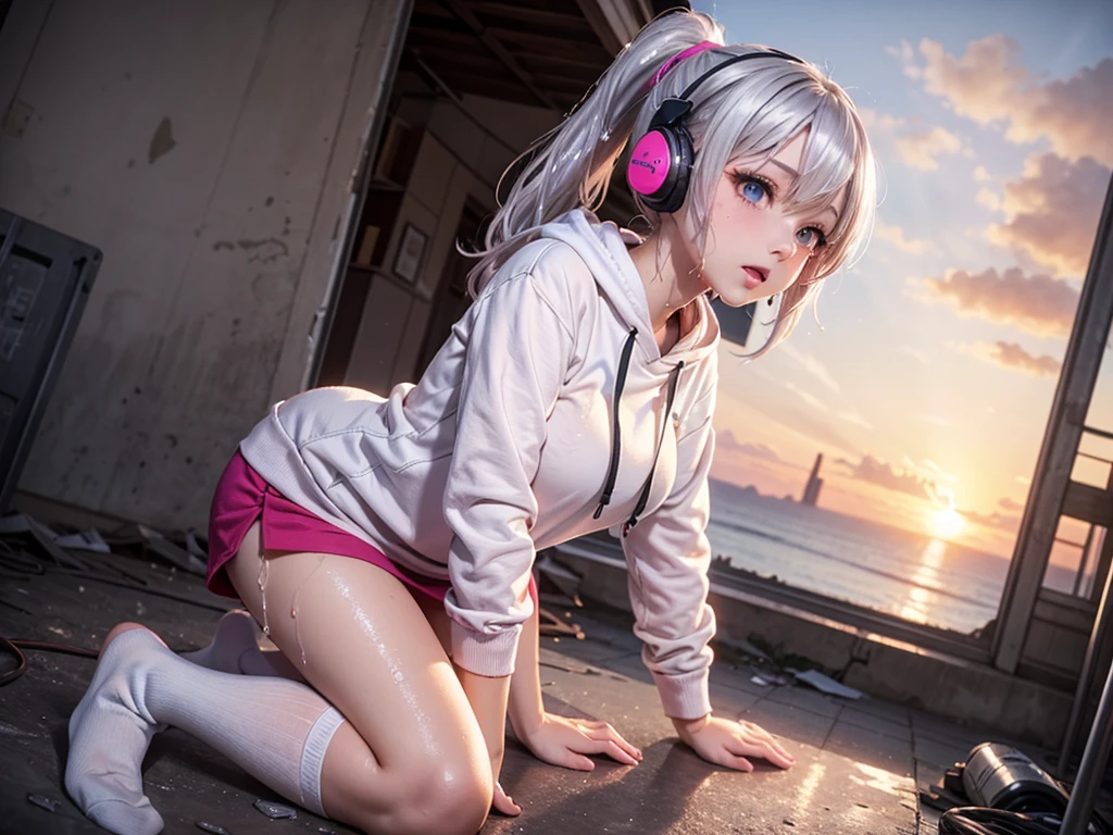 arctic fox, pink eyes,, womb tattoo, short hair, black hair, Sweaters for boys and girls,mad,, hairy, night city, glowing eyes, There is no feeling, long tail, collar, masterpiece, puppet, bat wing, Shy, White headphones, fox tails, top quality, nuclear, slime nuclear, white body, Name Snow, fox tails, black tail, Turn into a fox, Open-top jacket,black stockings,