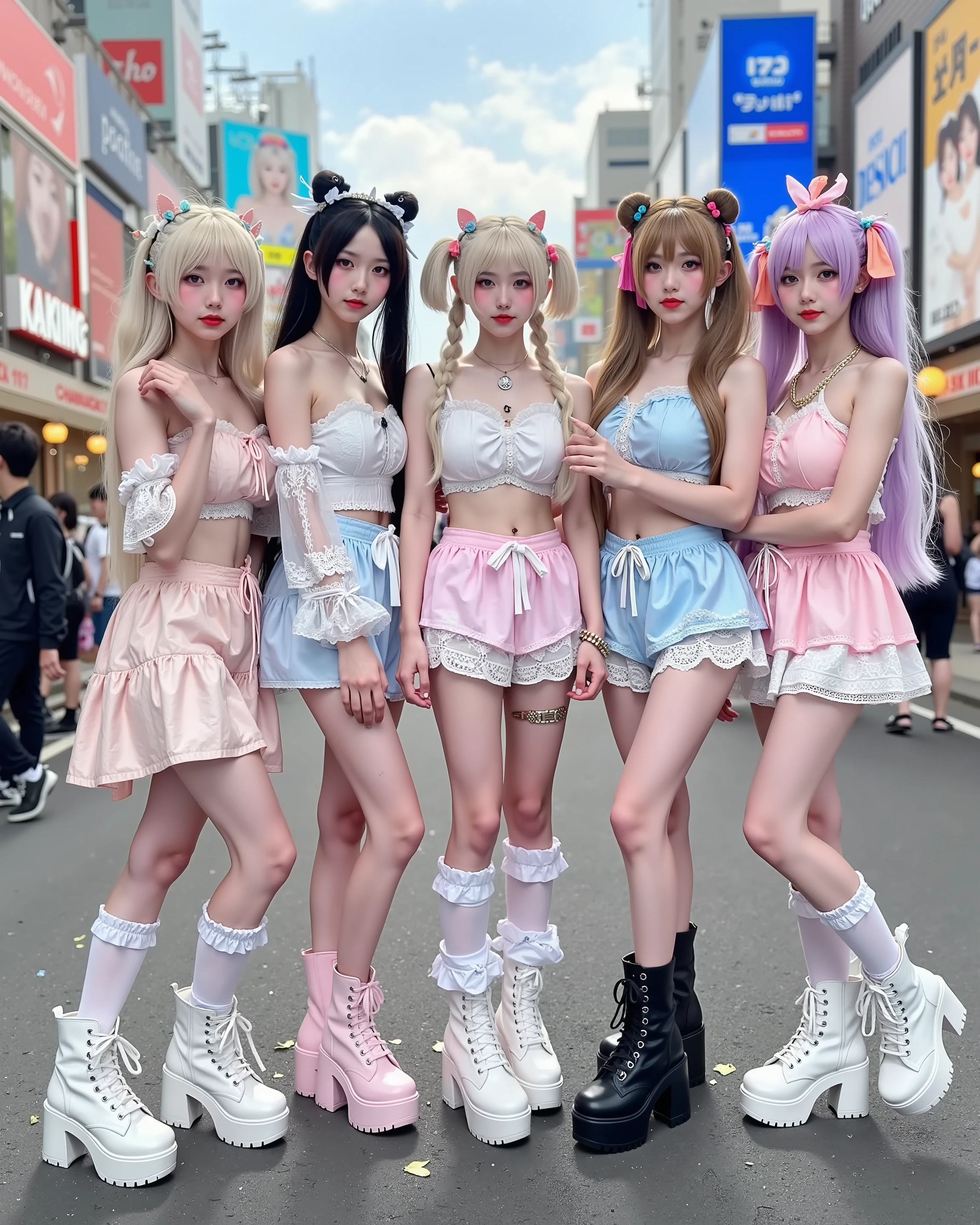 Five energetic "ganguro gyaru" girls standing together in the heart of Shibuya, Japan, with vibrant street life in the background. They have deeply tanned skin, white "panda" eye makeup, colorful eyeshadows, and glossy lips. Their outfits include loose socks, short schoolgirl skirts, crop tops, (((over knee highest platform boots))) . Each girl has a different eccentric hairstyle: blonde curls, twin tails, braided extensions, and bold dyed colors. The setting is around Shibuya 109, with bright neon lights, billboards, and a lively urban atmosphere.